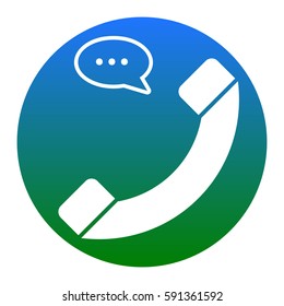 Phone with speech bubble sign. Vector. White icon in bluish circle on white background. Isolated.