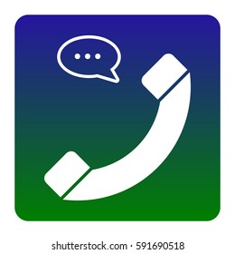 Phone with speech bubble sign. Vector. White icon at green-blue gradient square with rounded corners on white background. Isolated.