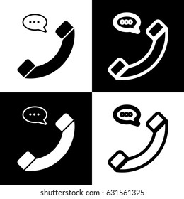 Phone with speech bubble sign. Vector. Black and white icons and line icon on chess board.