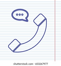 Phone with speech bubble sign. Vector. Navy line icon on notebook paper as background with red line for field.