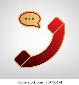 Phone with speech bubble sign. Vector. Red icon on gold sticker at light gray background.