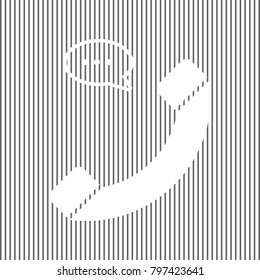 Phone with speech bubble sign. Vector. White icon on grayish striped background. Optical illusion.
