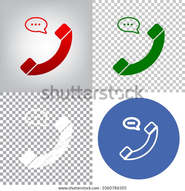 Phone with\
speech bubble sign. Vector. 4 styles. Red gradient in radial\
lighted background, green flat and gray scribble icons on\
transparent and linear one in blue\
circle.