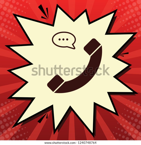 Phone\
with speech bubble sign. Vector. Dark red icon in lemon chiffon\
shutter bubble at red popart background with\
rays.