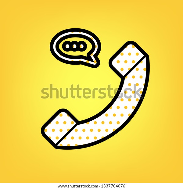 Phone with\
speech bubble sign. Vector. Yellow polka dot white icon with black\
contour at warm yellow\
background.