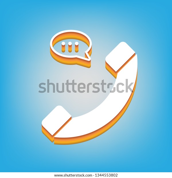 Phone with speech\
bubble sign. Vector. White icon with 3d warm-colored gradient body\
at sky blue background.