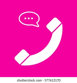 Phone with speech bubble sign. White icon at magenta background.