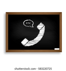Phone with speech bubble sign. White chalk icon on black school 