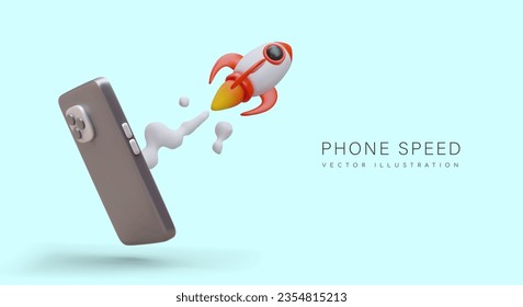 Phone speed. Features of smartphone. Productivity of gadget. Processor operation. Advantages of new model. Mobile speed test apps. Color poster with 3D illustration and text