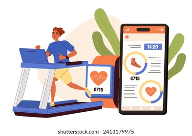 Phone sports application concept. Man runs at treadmill with smart watches. Counting herat rate and steps. Active lifestyle and training. Fitness and workout. Cartoon flat vector illustration