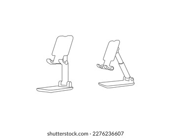 Handy-Stand Vektordesign und Line-Art. Handy-Stand Symbol Vektorgrafik. Vektor Telefon Stand mit weißem Hintergrund.Schreibtisch Handy Ständer Halter. Linienzeichnung, Symbol, Logo, Design, Element.