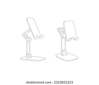 teléfono Soporte de diseño vectorial y arte de línea. Soporte de soporte de teléfono móvil de escritorio. ilustración de contorno vectorial de icono de soporte telefónico. Dibujo de línea, icono, logotipo, diseño, elemento. Fondo blanco del icono de contorno del vector.