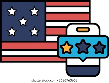 A phone with a star rating and a flag in the background. The phone is on a table