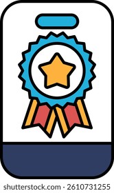 A phone with a star and red ribbon on it. The phone is blue and white