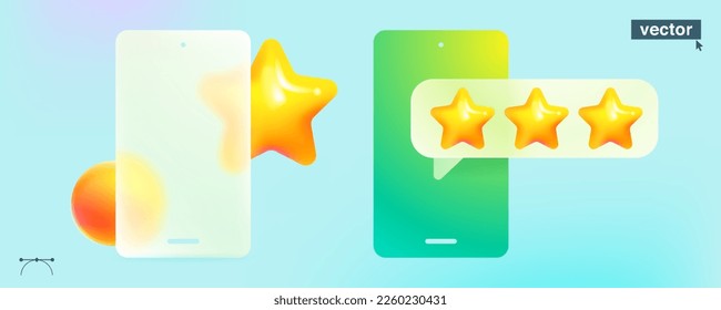 Phone with stars on comment or speech bubble in glassmorphism style. Feedback UI element concept for bookmark, feedback, favorite, best, winner, success, approved buttons.