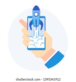 Phone startup concept. Cellphone rocketship for new product development release. Flat vector illustration