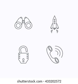 Phone, startup rocket and search icons. Opened lock linear sign. Flat linear icons on white background. Vector