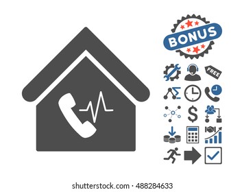 Phone Station Building pictograph with bonus images. Vector illustration style is flat iconic bicolor symbols, cobalt and gray colors, white background.