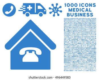 Phone Station icon with 1000 medical commercial cobalt vector pictographs. Collection style is flat symbols, white background.