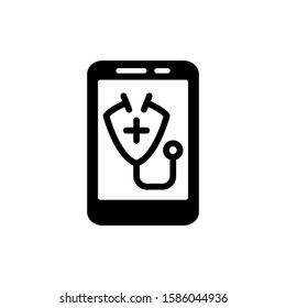 Phone and stethoscope in black flat design on white background, Mobile consultant vector icon