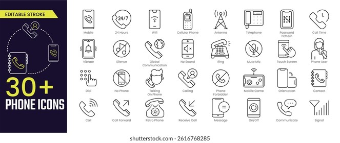 Phone Stroke icon collections. Containing Mobile, 24 Hours, Wifi, Mobile Game, Antenna, Telephone, Phone User, Retro Phone, Message, and Signal icons. Editable Stroke icon collection Outline icon