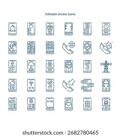 Icono de golpe de teléfono. Conjunto de iconos de línea de teléfono. paquete de iconos de trazo editable