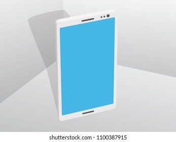 Phone in the studio. The phone with a blue screen is in the studio and casts a shadow on the wall. The phone is isometric. Vector illustration. 3D.