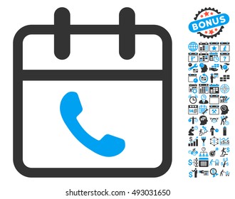 Phone Support Day icon with bonus calendar and time management symbols. Vector illustration style is flat iconic bicolor symbols, blue and gray colors, white background.