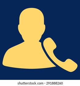 Phone Support icon from Commerce Set. Vector style: flat symbol, yellow color, rounded angles, blue background.