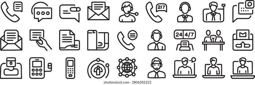 Phone Support Icons Set with Customer Service Calls, Chat Bubbles, Emails, Headset Operators, and Messaging Symbols
