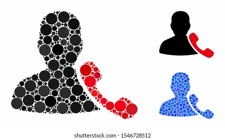 Phone support mosaic of round dots in variable sizes and shades, based on phone support icon. Vector round dots are organized into blue mosaic. Dotted phone support icon in usual and blue versions.