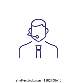 Phone support operator line icon. Character in tie with headset. Occupation concept. Can be used for topics like customer service, hotline, help, call center