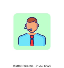 Phone support operator line icon. Character in tie with headset. Occupation concept. Can be used for topics like customer service, hotline, help, call center