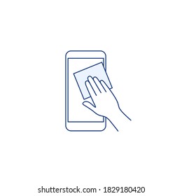 Phone surface disinfection thin line icon. Mobile phone with virus germs. Outline human hand clean disinfect the device with disinfectant wipes. Cleaning gadget concept Isolated vector illustration