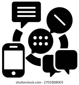 Telefon umgeben von verschiedenen Kommunikationsblasen, die digitale Verbindung darstellen