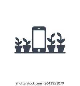 Phone surrounded by multiple plants in pots icon
