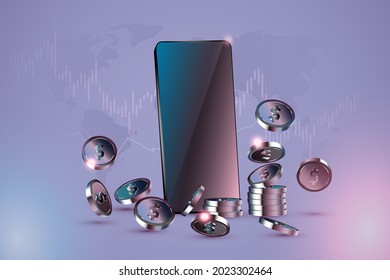 the phone is surrounded by stacks of gold dollar coins