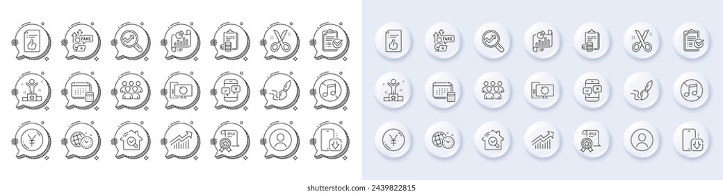 Iconos de línea de certificado, documento de informe y encuesta telefónica. Botones 3d de pin blanco, iconos de burbujas de chat. Paquete de Internet falso, sin música, icono de curva de demanda. Vector