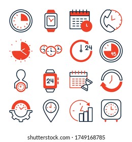 phone symbol and clock time icon set over white background, half line half color style, vector illustration