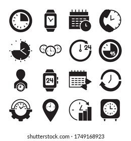 phone symbol and clock time icon set over white background, silhouette style, vector illustration