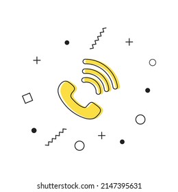 Phone symbol. Yellow call icon with geometric shapes on white background. Vector