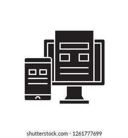 Phone synchronization black vector concept icon. Phone synchronization flat illustration, sign