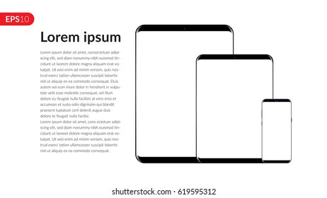 Phone, tablet computer, mobile, set mockup composition isolated on white background with blank screen. Front view realistic vector illustration phones for printing and web element.