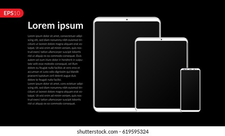 Phone, tablet computer, mobile, set mockup composition isolated on black background with blank screen. Front view realistic vector illustration white phones for printing and web element.