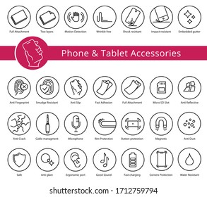 Phone and Tablet covers and accessories properties icon set, vector. Thine line icons. Editable strokes, EPS 10. Button protection, Tempered glass, 