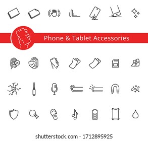 Phone and Tablet covers and accessories properties icon set, vector. Thine line icons. Editable strokes, EPS 10. Button protection, Tempered glass, 