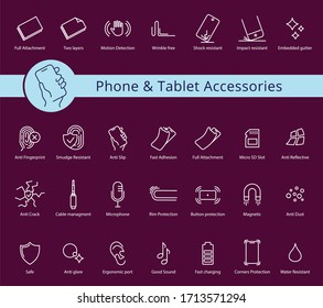 Phone and Tablet covers and accessories properties icon set, vector. Thine line icons. Editable strokes, EPS 10. Button protection, Tempered glass, 