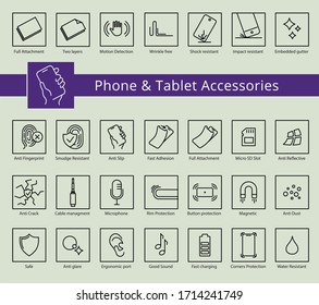 Phone and Tablet covers and accessories properties icon set, vector. Thine line icons. Editable strokes, EPS 10. Button protection, Tempered glass, 