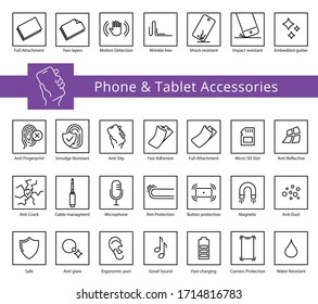Phone and Tablet covers and accessories properties icon set, vector. Thine line icons. Editable strokes, EPS 10. Button protection, Tempered glass, 