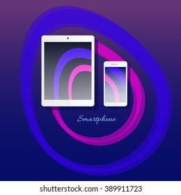 Phone and tablet. Device set. The dark blue background with abstract blue and  pink circles, with transparency
